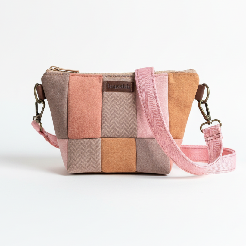pink and beige color patch bag