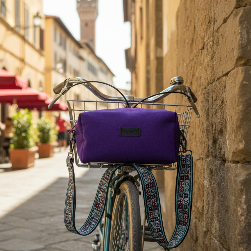 purple bag with colorful strap
