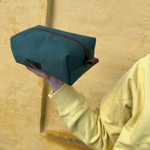 green handmade toiletry bag