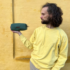 green handmade toiletry bag