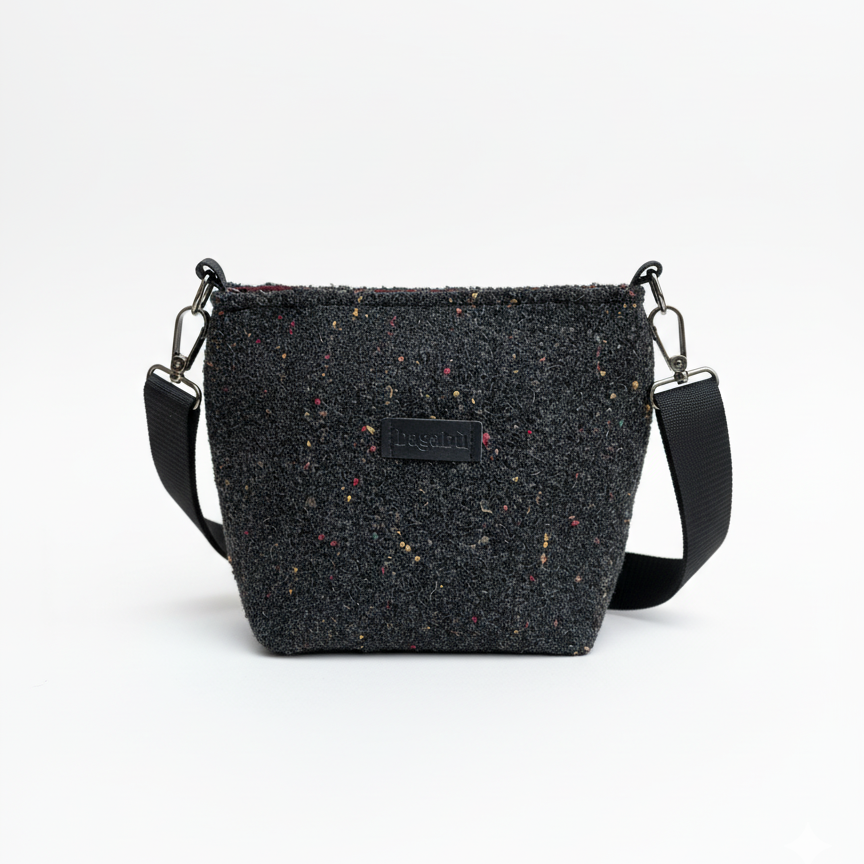 Black textured crossbody bag on a white background