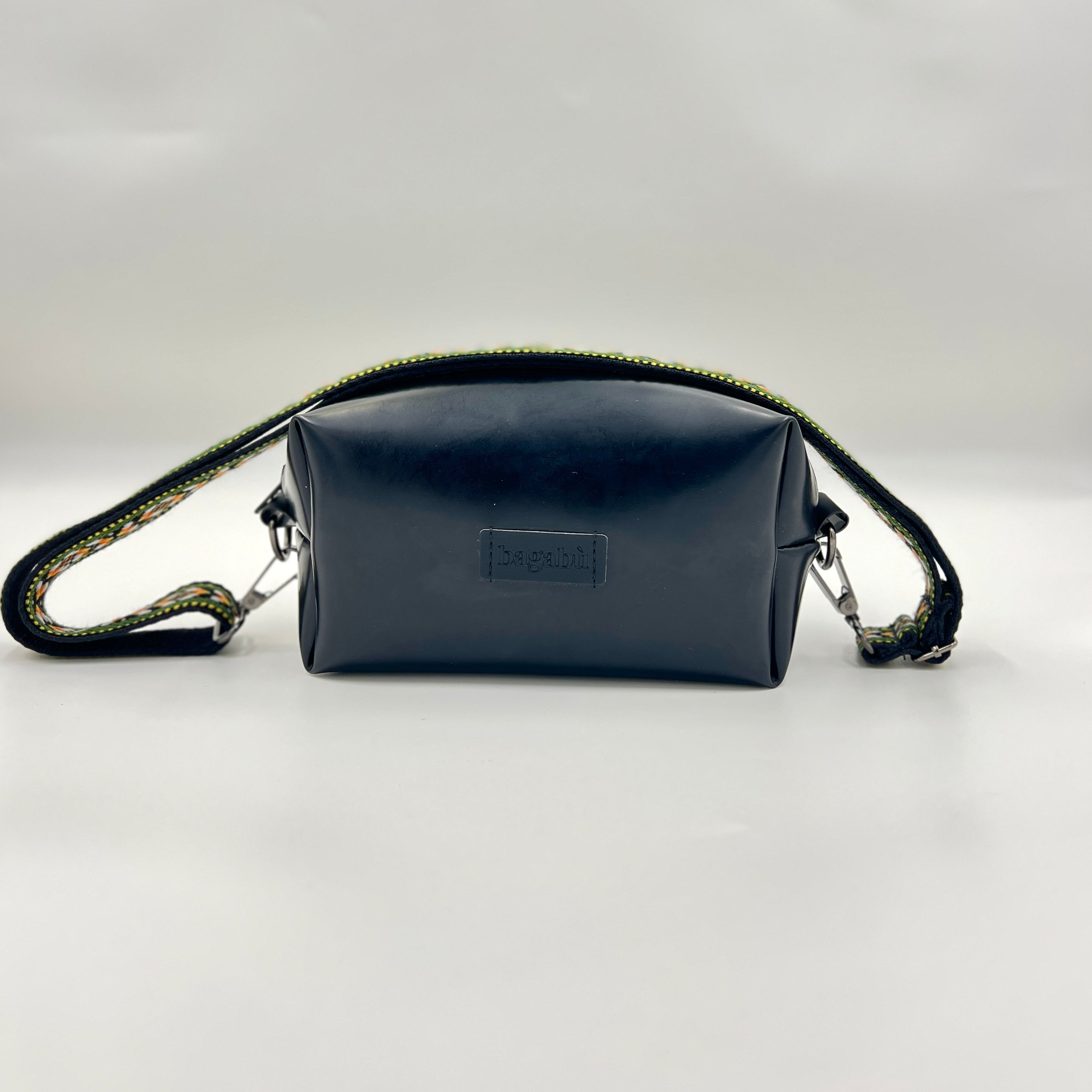 black rubber bag with colorful strap