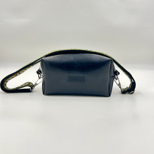 black rubber bag with colorful strap