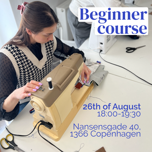 Person using a sewing machine with text about a beginner course on a white background