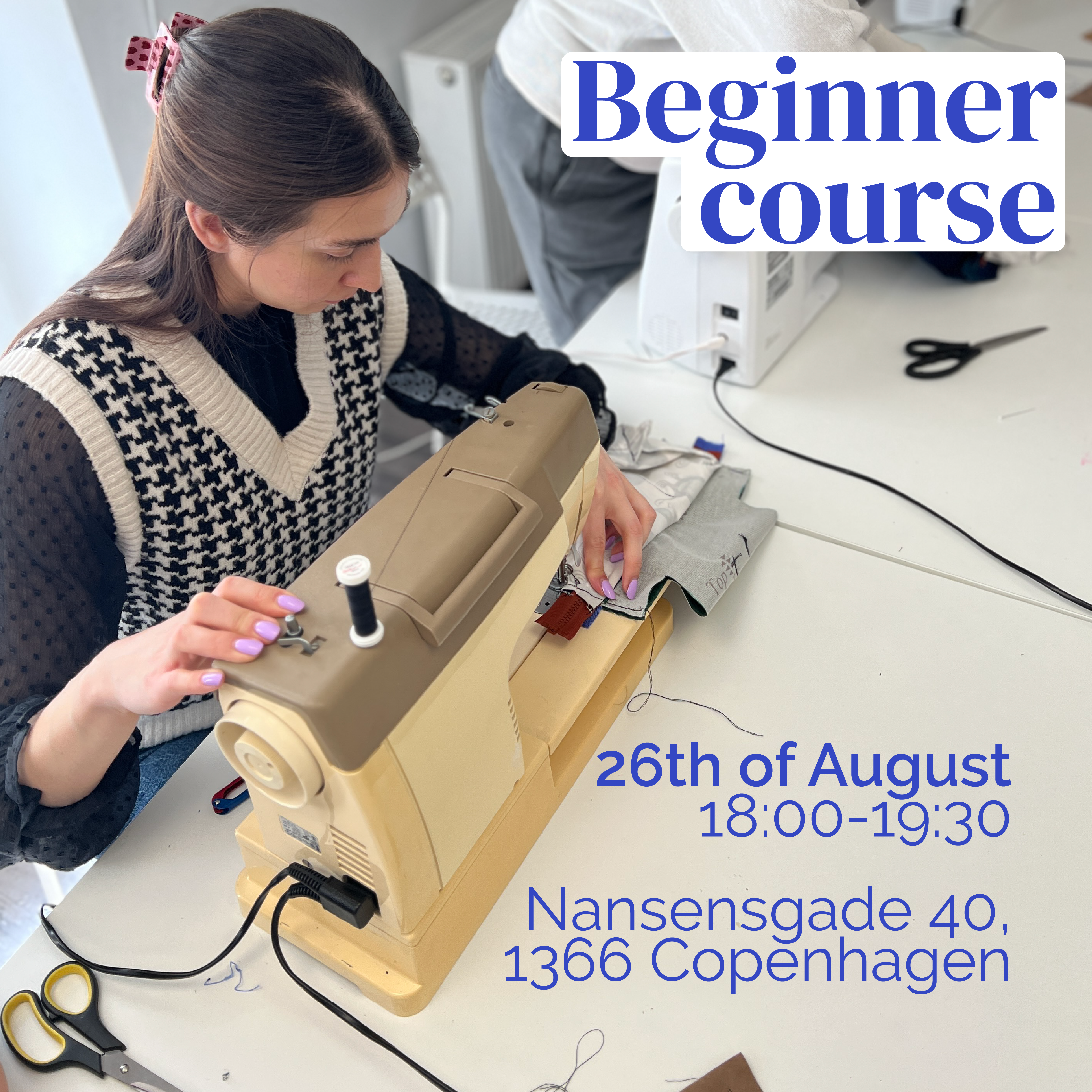 Person using a sewing machine with text about a beginner course on a white background