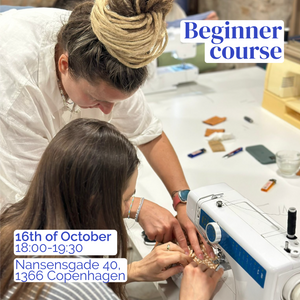 Two people working on a sewing machine with text about a beginner course.