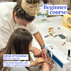 Two people working on a sewing machine with text about a beginner course.