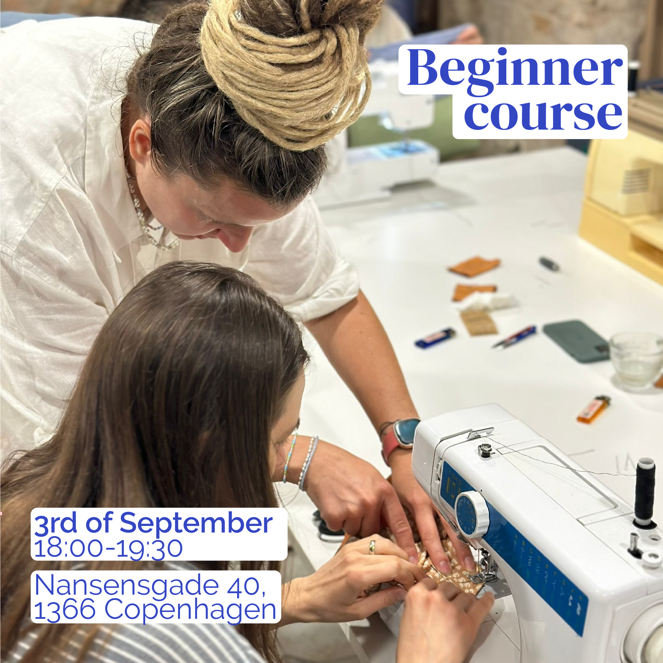 Two people working on a sewing machine with text about a beginner course.