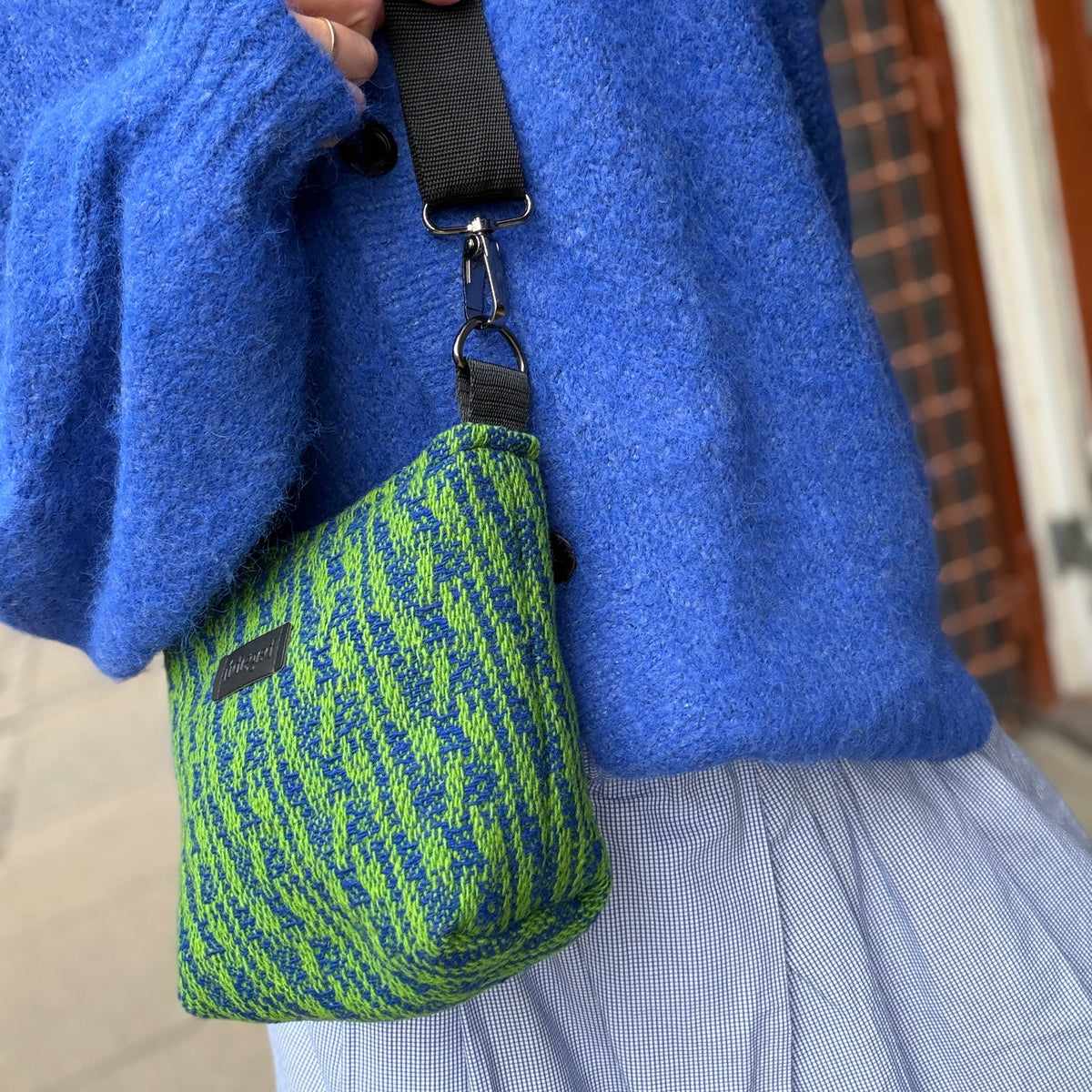 green and blue wool bag