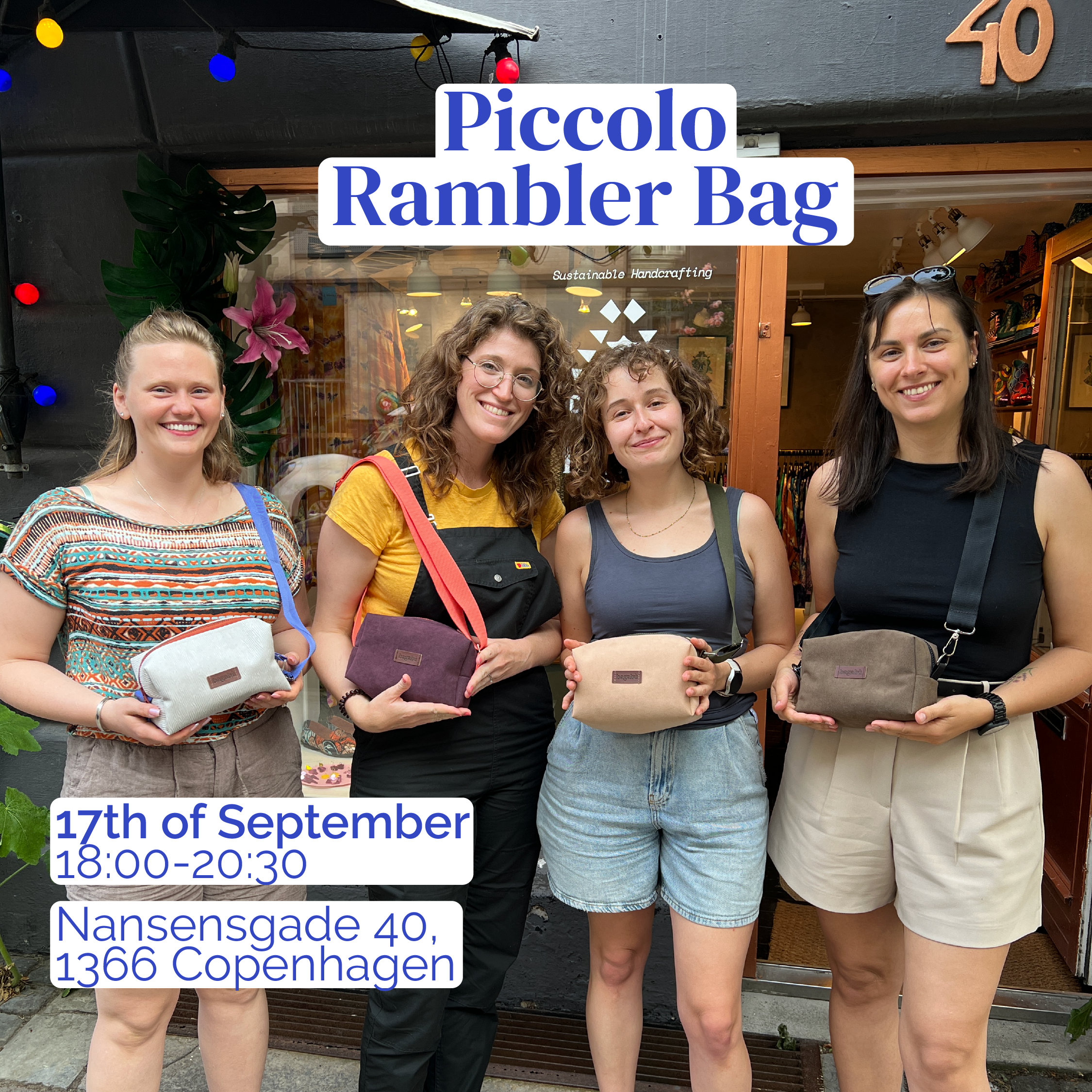 Four women holding Piccolo Rambler Bags with event details displayed.