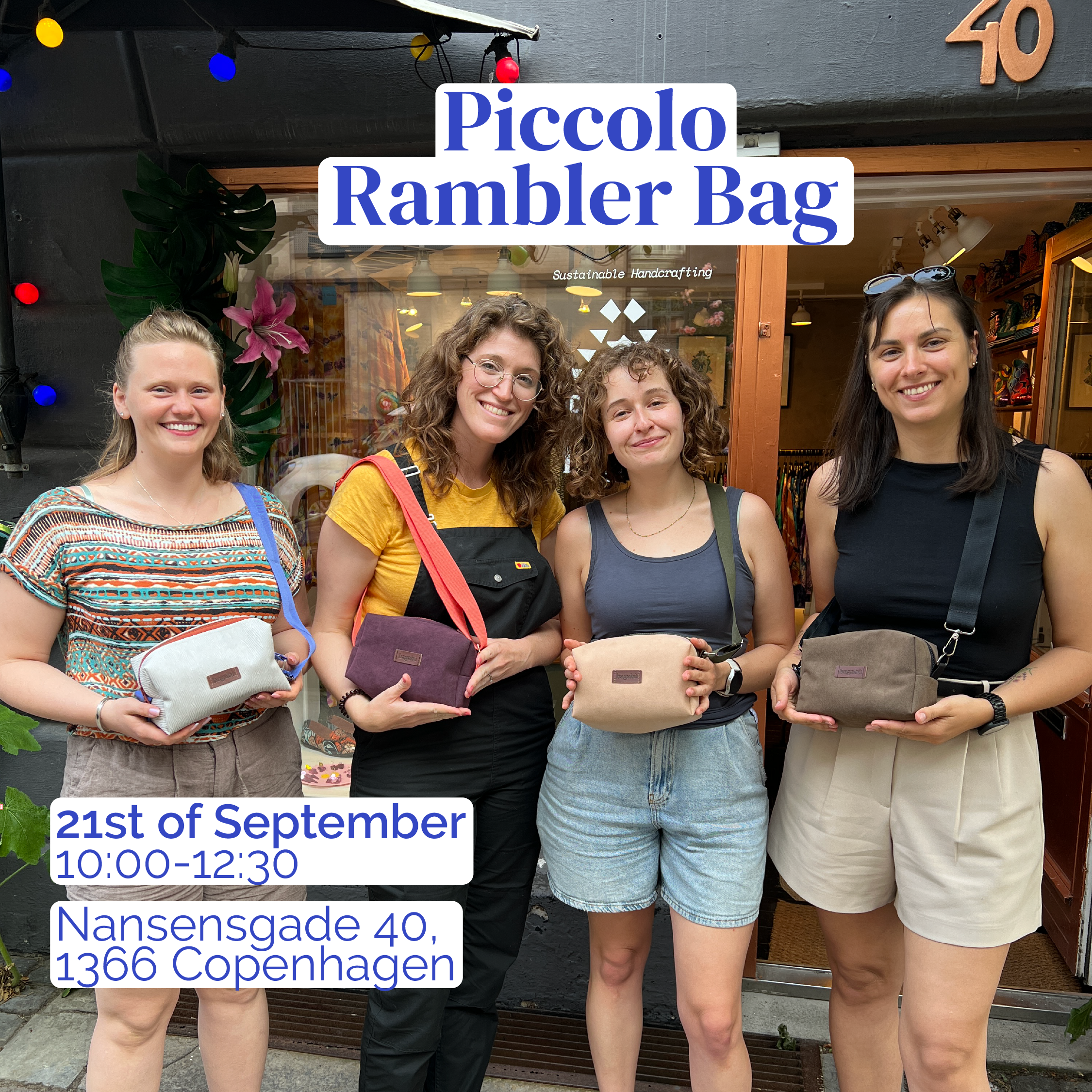 Four women holding Piccolo Rambler Bag products in front of a store with event details.
