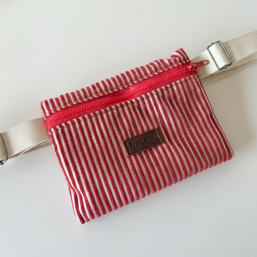 red and white belt bag