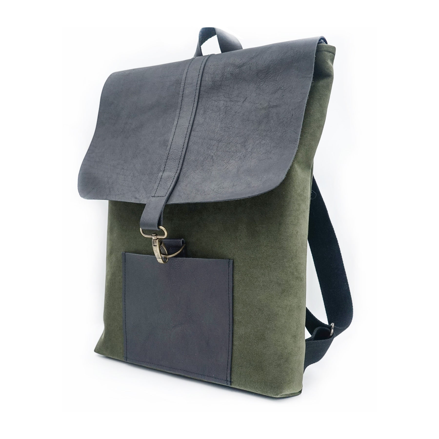 green and black leather bag